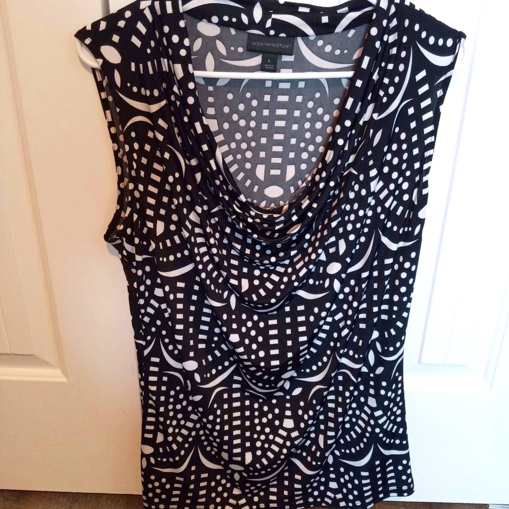Worthington LARGE Black White Geometric Design Cowl Neck Sleeveless Top